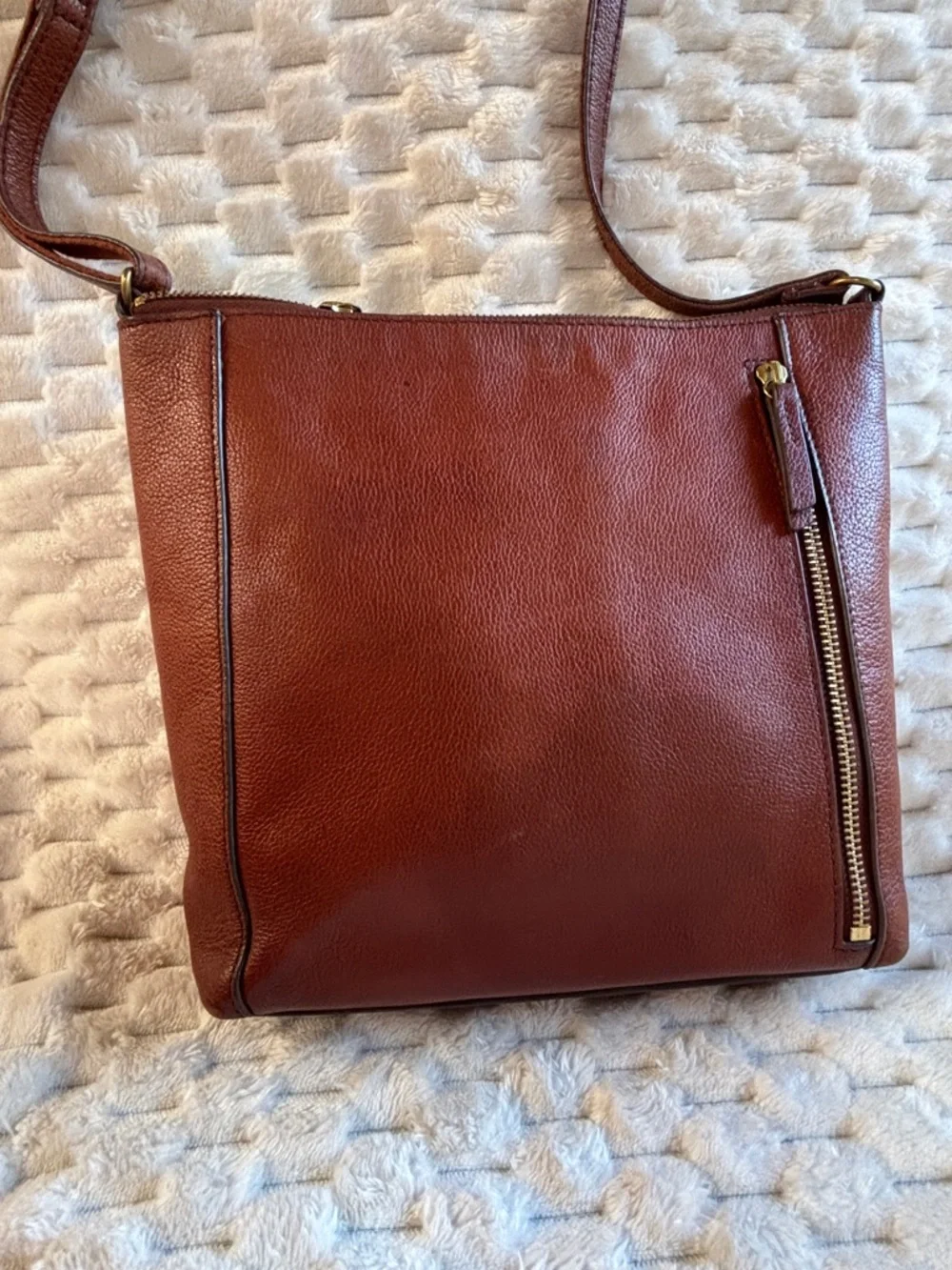 Fossil Brown Pebbled Leather Shoulder Bag Crossbody Zip Pocket